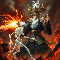 A commanding Chinese judge of the underworld, adorned in elaborate dark robes with intricate gold detailing, wields a glowing magical weapon as they confront a fearsome white bone spirit in a chaotic hell environment