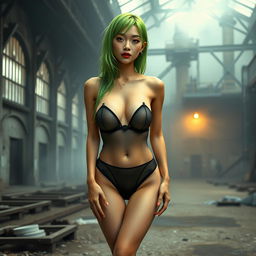 A thin Asian girl with round, enhanced breasts and bright green hair, positioned at the center of the image in a full body view