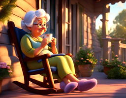 A Pixar-style HD digital animation of a friendly old granny, sipping tea in fluffy slippers, seated on a rocking chair on the porch of her cozy suburban cottage during sunset