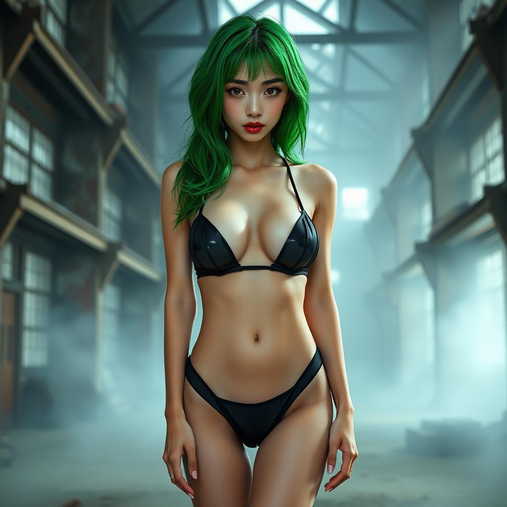 A thin Asian girl with round, enhanced breasts and bright green hair, positioned at the center of the image in a full body view