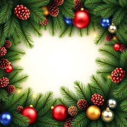A festive New Year's wallpaper design featuring large fir branches along the edges adorned with pine cones