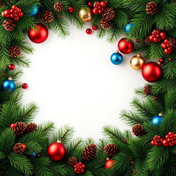 A festive New Year's wallpaper design featuring large fir branches along the edges adorned with pine cones