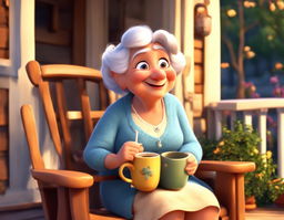 A Pixar-style HD digital animation of a friendly old granny, sipping tea in fluffy slippers, seated on a rocking chair on the porch of her cozy suburban cottage during sunset