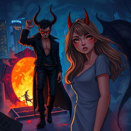 An intriguing illustration capturing Zayn Malik as a dashing demon, stepping from a fiery portal that symbolizes his hellish origins into a vibrant cityscape at night