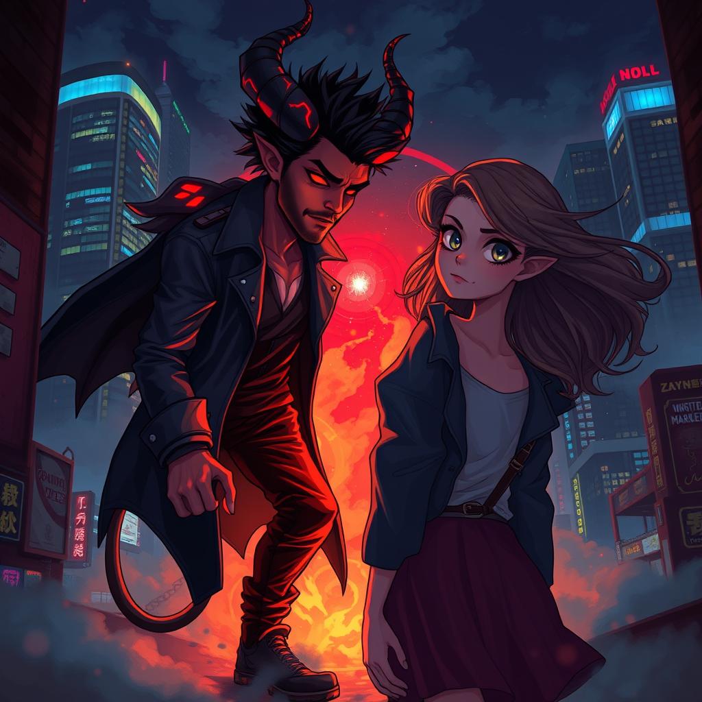 An intriguing illustration capturing Zayn Malik as a dashing demon, stepping from a fiery portal that symbolizes his hellish origins into a vibrant cityscape at night