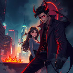 An intriguing illustration capturing Zayn Malik as a dashing demon, stepping from a fiery portal that symbolizes his hellish origins into a vibrant cityscape at night