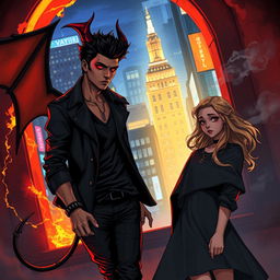 An intriguing illustration capturing Zayn Malik as a dashing demon, stepping from a fiery portal that symbolizes his hellish origins into a vibrant cityscape at night