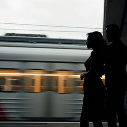 A captivating scene at a train station under a soft, cloudy gray sky, with a moving train rushing past, creating a sense of motion in the atmosphere
