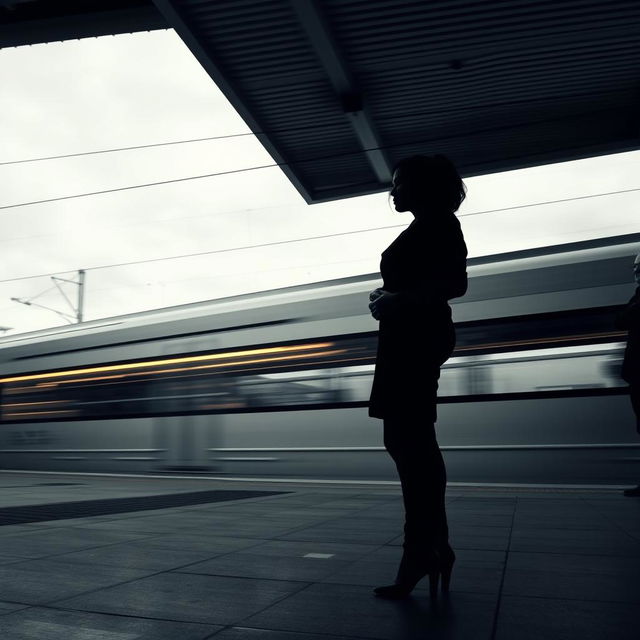 A captivating scene at a train station under a soft, cloudy gray sky, with a moving train rushing past, creating a sense of motion in the atmosphere