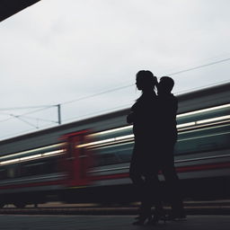 A captivating scene at a train station under a soft, cloudy gray sky, with a moving train rushing past, creating a sense of motion in the atmosphere