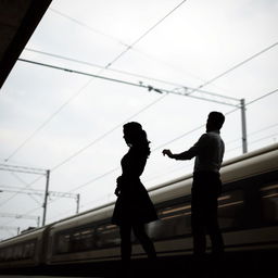 A captivating scene at a train station under a soft, cloudy gray sky, with a moving train rushing past, creating a sense of motion in the atmosphere