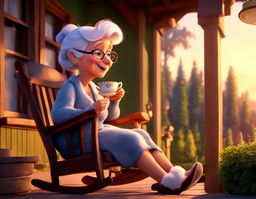 A Pixar-style HD digital animation of a friendly old granny, sipping tea in fluffy slippers, seated on a rocking chair on the porch of her cozy suburban cottage during sunset