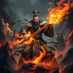 A powerful Chinese judge of the underworld, dressed in intricately designed dark robes with golden embellishments, wields a radiant magical weapon as they engage in a fierce battle in a hellish environment