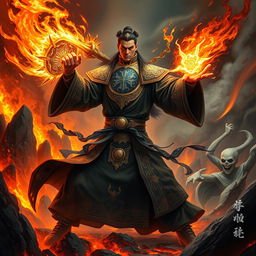 A powerful Chinese judge of the underworld, dressed in intricately designed dark robes with golden embellishments, wields a radiant magical weapon as they engage in a fierce battle in a hellish environment