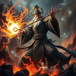 A powerful Chinese judge of the underworld, dressed in intricately designed dark robes with golden embellishments, wields a radiant magical weapon as they engage in a fierce battle in a hellish environment