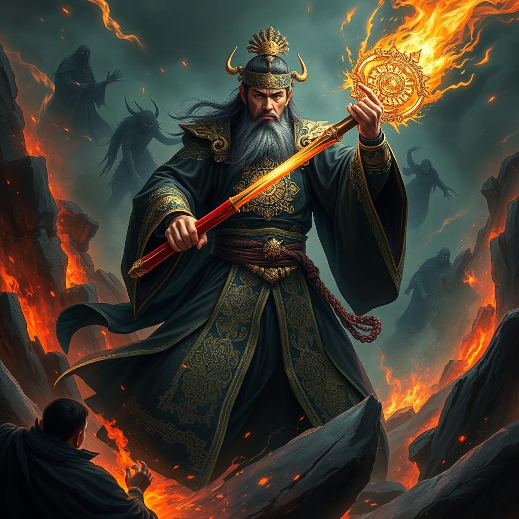 A powerful Chinese judge of the underworld, dressed in intricately designed dark robes with golden embellishments, wields a radiant magical weapon as they engage in a fierce battle in a hellish environment