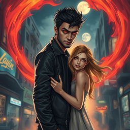 A hyper-realistic illustration of Zayn Malik as a demon, stepping through a fiery, swirling portal into a vivid urban environment at night