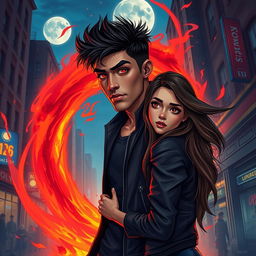 A hyper-realistic illustration of Zayn Malik as a demon, stepping through a fiery, swirling portal into a vivid urban environment at night