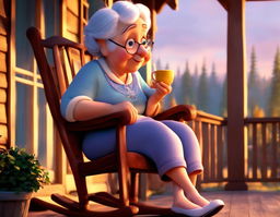 A Pixar-style HD digital animation of a friendly old granny, sipping tea in fluffy slippers, seated on a rocking chair on the porch of her cozy suburban cottage during sunset