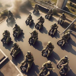 aerial view 10 combatants, in military camouflage flying in the air on hover-boards, all combatants are armed with assault rifles and clad in skeleton face mask and normal bullet proof vests