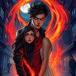 A hyper-realistic illustration of Zayn Malik as a demon, stepping through a fiery, swirling portal into a vivid urban environment at night
