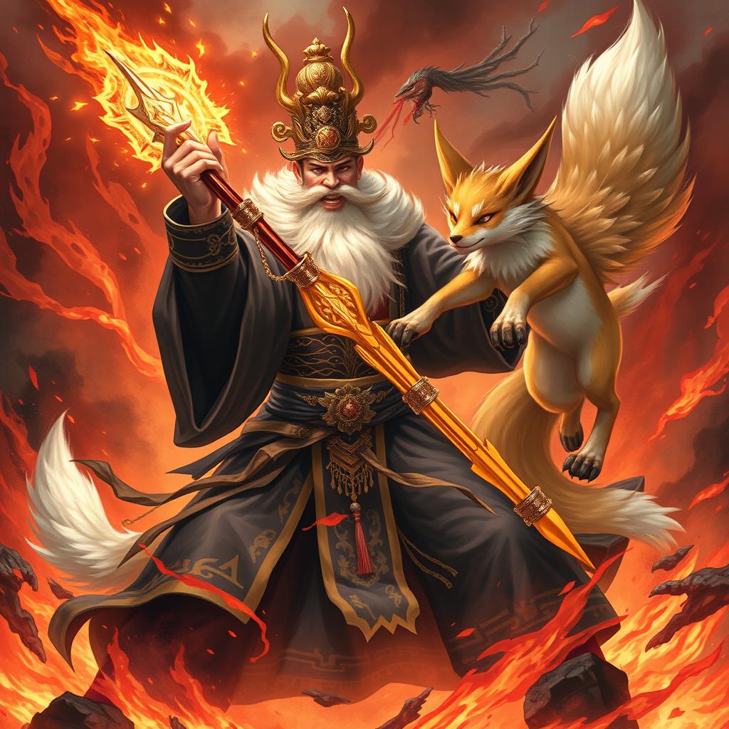 A powerful Chinese judge of the underworld, dressed in elaborate dark robes adorned with gold accents, wields a brilliant magical weapon as they engage in an epic battle with a mystical Nine-tailed fox in a fiery hellscape