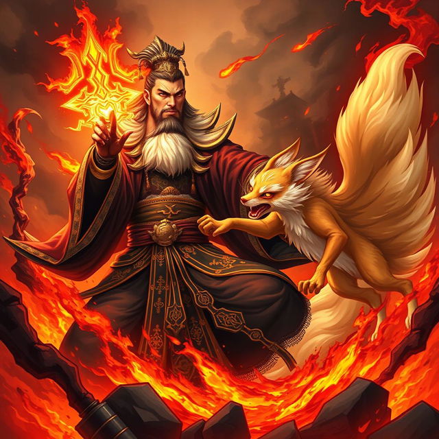 A powerful Chinese judge of the underworld, dressed in elaborate dark robes adorned with gold accents, wields a brilliant magical weapon as they engage in an epic battle with a mystical Nine-tailed fox in a fiery hellscape