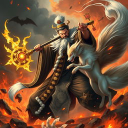 A powerful Chinese judge of the underworld, dressed in elaborate dark robes adorned with gold accents, wields a brilliant magical weapon as they engage in an epic battle with a mystical Nine-tailed fox in a fiery hellscape