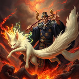 A powerful Chinese judge of the underworld, dressed in elaborate dark robes adorned with gold accents, wields a brilliant magical weapon as they engage in an epic battle with a mystical Nine-tailed fox in a fiery hellscape