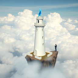 A white tower styled like a lighthouse but resembling a castle, topped with a floating blue flame