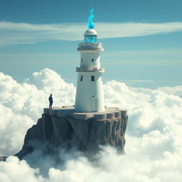 A white tower styled like a lighthouse but resembling a castle, topped with a floating blue flame