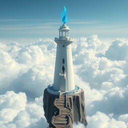 A white tower styled like a lighthouse but resembling a castle, topped with a floating blue flame
