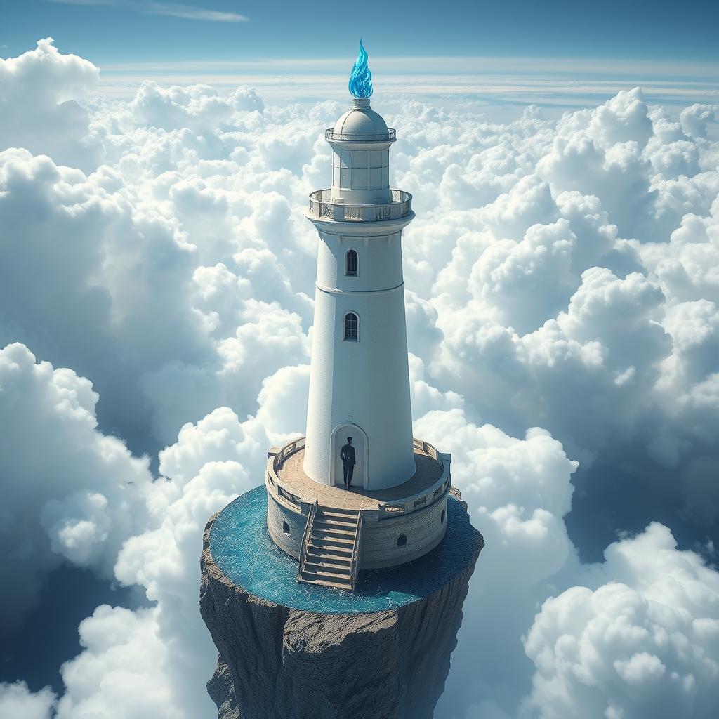 A white tower styled like a lighthouse but resembling a castle, topped with a floating blue flame