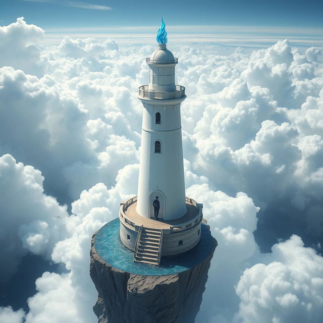 A white tower styled like a lighthouse but resembling a castle, topped with a floating blue flame