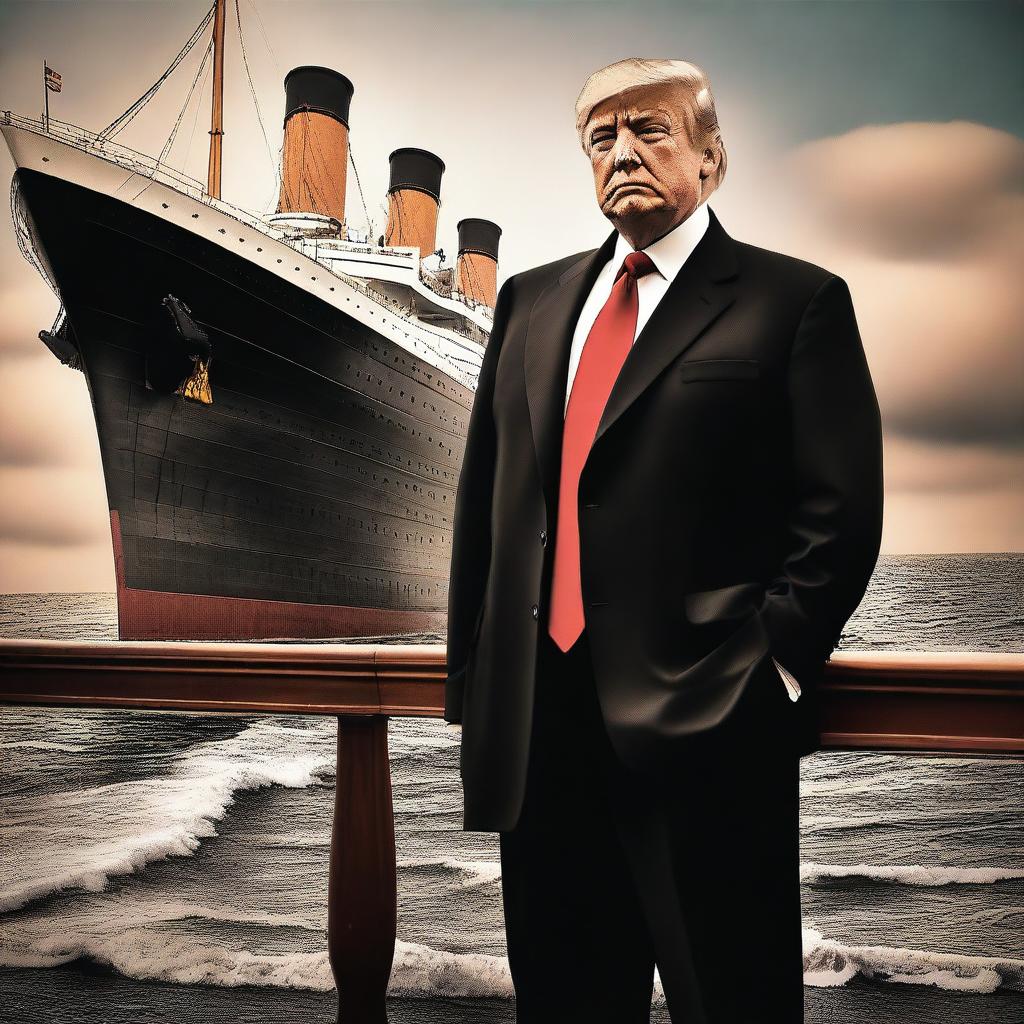 This is a digital art image depicting Donald Trump, in formal attire, standing on the deck of the RMS Titanic