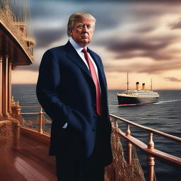 This is a digital art image depicting Donald Trump, in formal attire, standing on the deck of the RMS Titanic