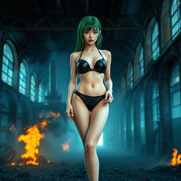A thin Asian girl with round, enhanced breasts and striking green hair, positioned at the center of the image in a full body view
