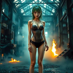 A thin Asian girl with round, enhanced breasts and striking green hair, positioned at the center of the image in a full body view