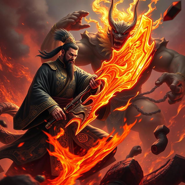 A fierce Chinese judge of the underworld, clad in ornate dark robes embellished with gold patterns, wields a powerful glowing magical weapon as they clash with the formidable Kaido in a fiery hellscape