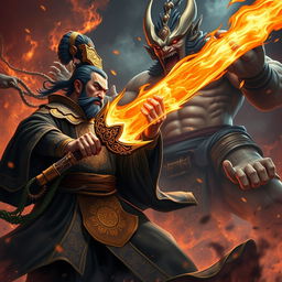 A fierce Chinese judge of the underworld, clad in ornate dark robes embellished with gold patterns, wields a powerful glowing magical weapon as they clash with the formidable Kaido in a fiery hellscape