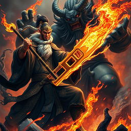 A fierce Chinese judge of the underworld, clad in ornate dark robes embellished with gold patterns, wields a powerful glowing magical weapon as they clash with the formidable Kaido in a fiery hellscape