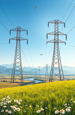 A detailed illustration of an electric transmission line system, showcasing towering transmission towers with wires stretching across a vast landscape