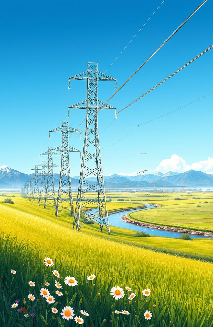 A detailed illustration of an electric transmission line system, showcasing towering transmission towers with wires stretching across a vast landscape