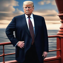 This is a digital art image depicting Donald Trump, in formal attire, standing on the deck of the RMS Titanic