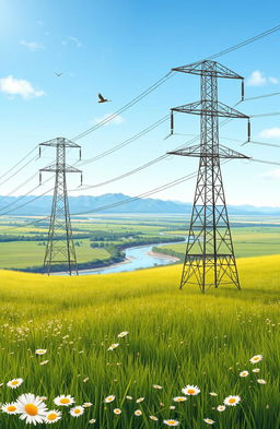 A detailed illustration of an electric transmission line system, showcasing towering transmission towers with wires stretching across a vast landscape