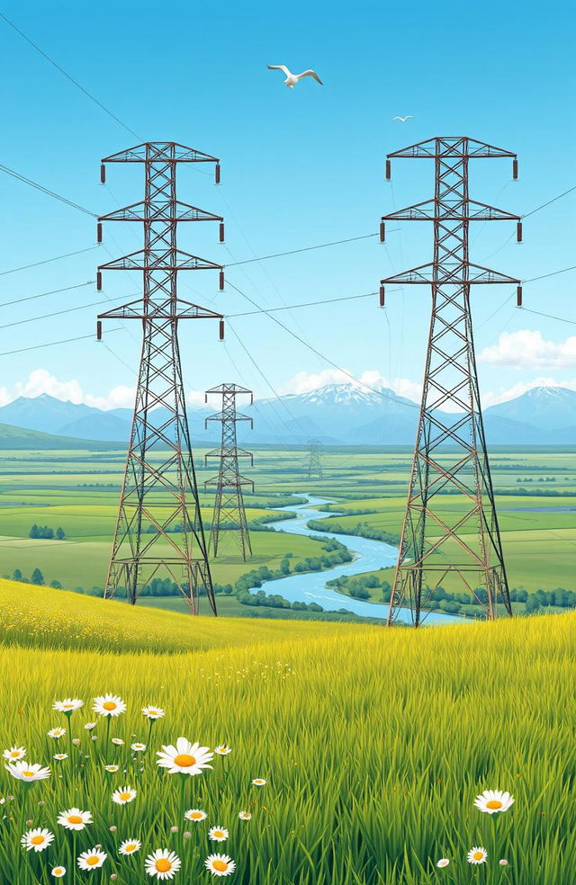 A detailed illustration of an electric transmission line system, showcasing towering transmission towers with wires stretching across a vast landscape