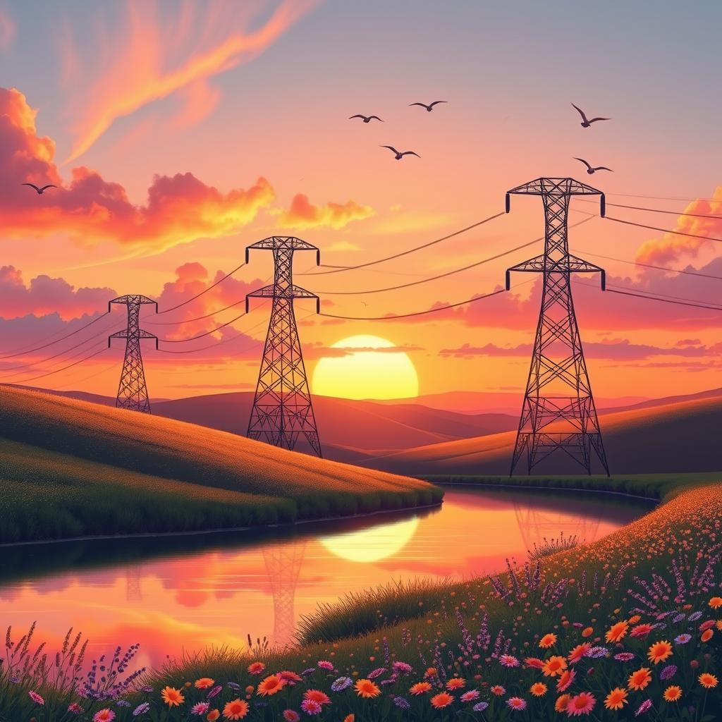 An aesthetically pleasing illustration of an electric transmission line system, featuring elegantly designed transmission towers that soar gracefully against a picturesque sunset backdrop