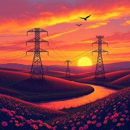 An aesthetically pleasing illustration of an electric transmission line system, featuring elegantly designed transmission towers that soar gracefully against a picturesque sunset backdrop