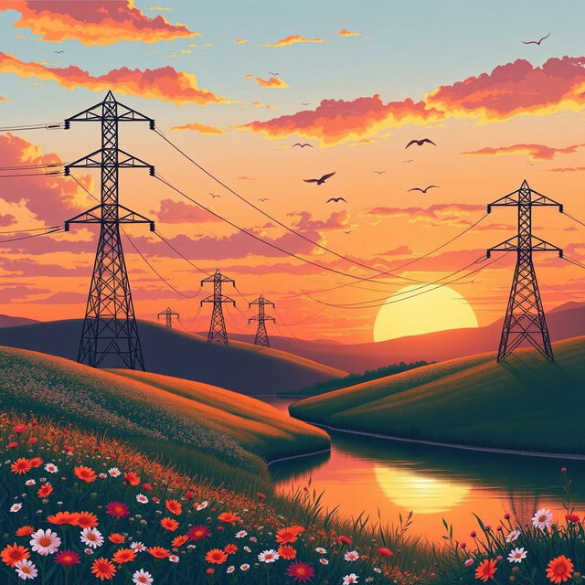 An aesthetically pleasing illustration of an electric transmission line system, featuring elegantly designed transmission towers that soar gracefully against a picturesque sunset backdrop