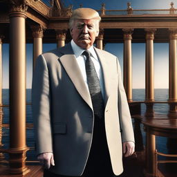 This is a digital art image depicting Donald Trump, in formal attire, standing on the deck of the RMS Titanic